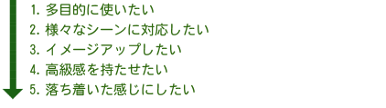 1.多目的に使いたい 2.様々なシーンに対応したい 3.イメージアップしたい 4.高級感を持たせたい 5.落ち着いた感じにしたい